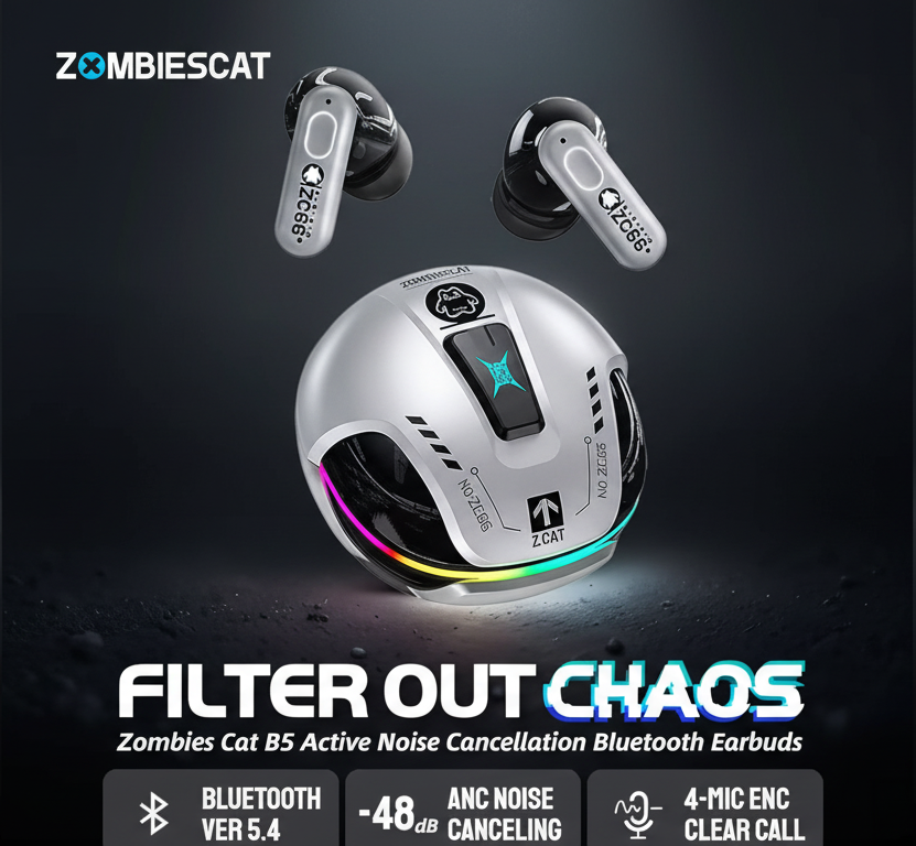 ZOMBIES CAT Earbuds – Bluetooth 5.4, Active Noise Cancelling, 60H Playtime, RGB Lights